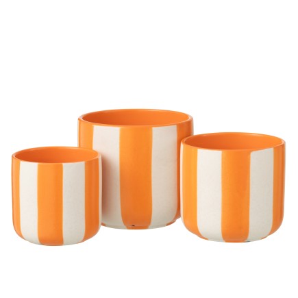 Cache-pot rayé en céramique orange et blanc 15x14x14 cm
