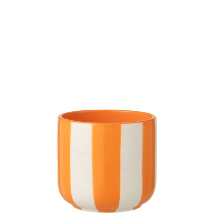 Cache-pot rayé en céramique orange et blanc 15x14x14 cm