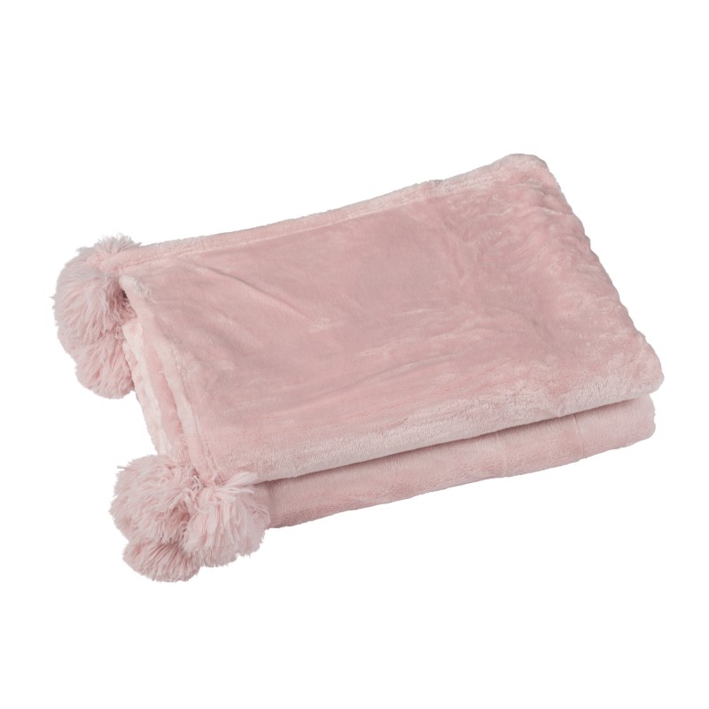 Plaid avec pompon en polyester rose poudré 170x130cm Plaid avec pompon en polyester rose poudré 170x130cm