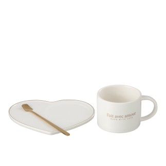 Taza con platillo en forma de corazón y cuchara de porcelana blanca 18x14x6cm.