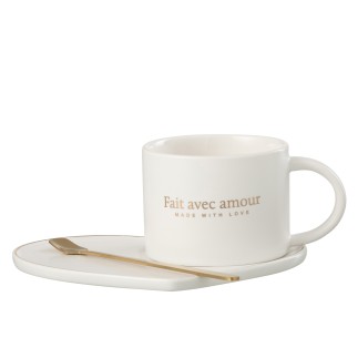 Taza con platillo en forma de corazón y cuchara de porcelana blanca 18x14x6cm.