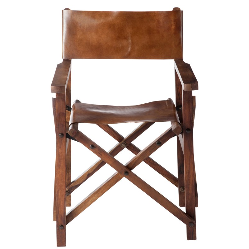 Sedia da regista in pelle e legno marrone 53x56x88 cm