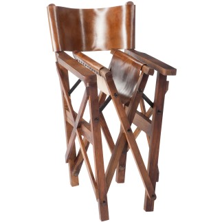 Sedia da regista in pelle e legno marrone 53x56x88 cm