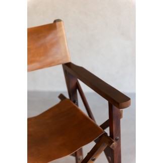 Sedia da regista in pelle e legno marrone 53x56x88 cm