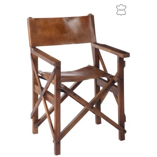 Sedia da regista in pelle e legno marrone 53x56x88 cm