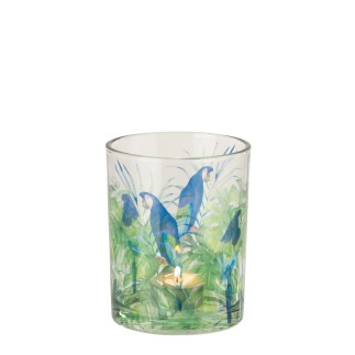 Porta-velas com motivo de papagaio em vidro azul 10x10x12,5 cm
