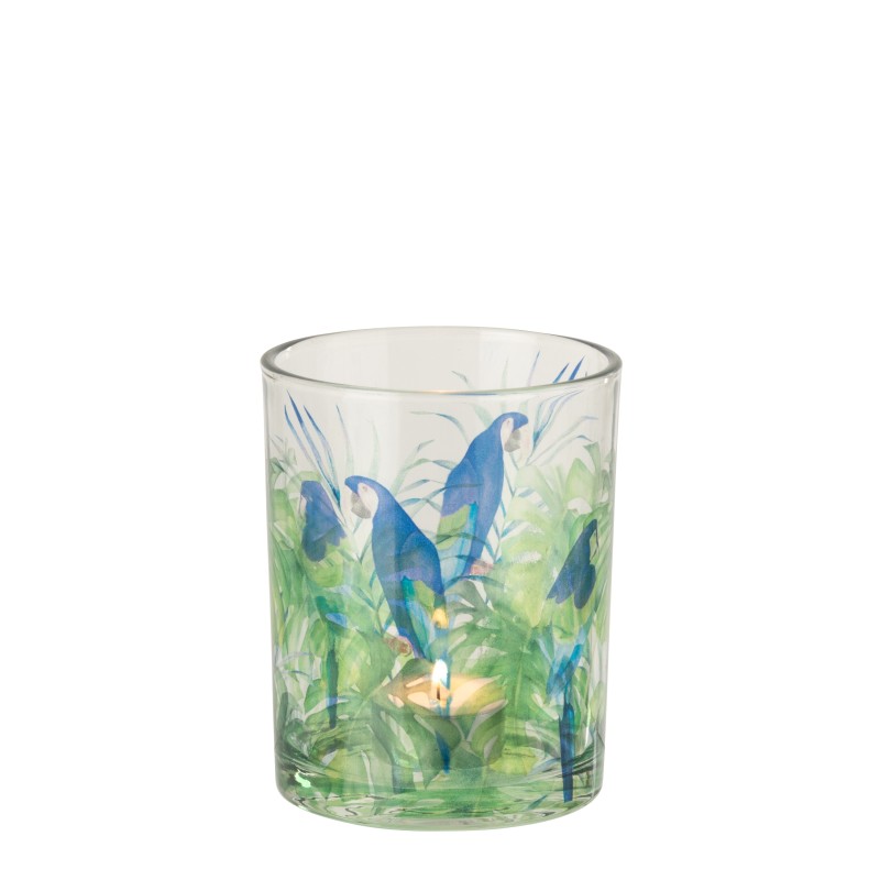 Photophore motif perroquet en verre bleu 10x10x12.5 cm