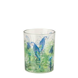 Photophore motif perroquet en verre bleu 10x10x12.5 cm