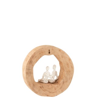 Casal sentado em círculo de madeira branca 29x6x28 cm