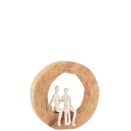 Casal sentado em círculo de madeira branca 29x6x28 cm