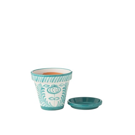 Vaso com pires em cerâmica azul claro 27x27x25 cm