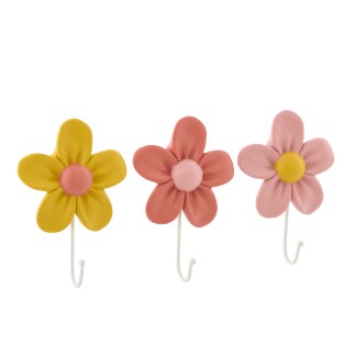 Conjunto de 3 pequenos cabides em poliresina, motivo floral, multicoloridos
