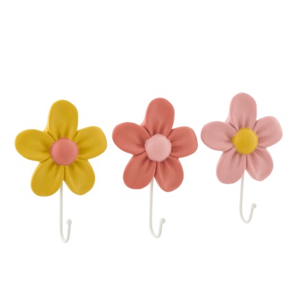 Conjunto de 3 pequenos cabides em poliresina, motivo floral, multicoloridos