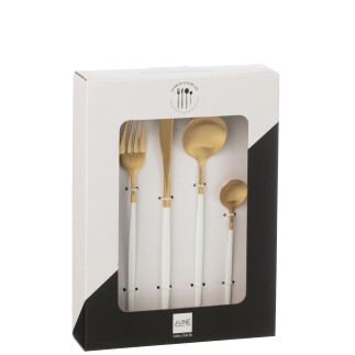 Conjunto de 24 talheres em aço inoxidável dourado com cabo branco
