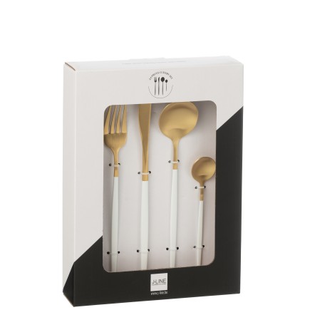 Conjunto de 24 talheres em aço inoxidável dourado com cabo branco