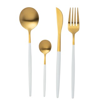 Conjunto de 24 talheres em aço inoxidável dourado com cabo branco