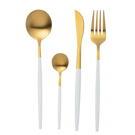 Conjunto de 24 talheres em aço inoxidável dourado com cabo branco