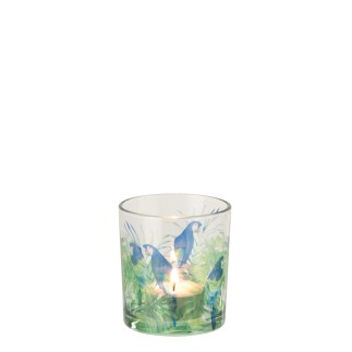Porta-velas com motivo de papagaio em vidro azul 7,3 x 7,3 x 8 cm