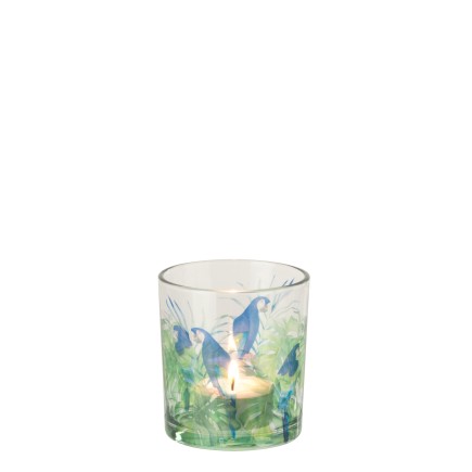 Portavelas con motivo de loro en vidrio azul 7,3 x 7,3 x 8 cm