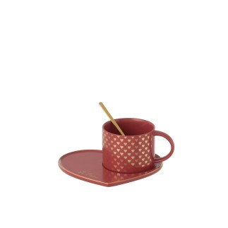 Taza+Platillo+Cuchara Corazón Cerámica Roja