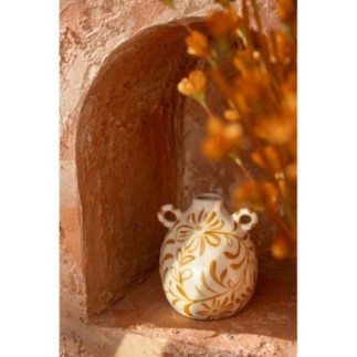 Vaso in gres color ocra giallo e bianco sporco, 16 x 16 x 19 cm
