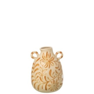 Vase à fleurs en grès ocre jaune et écru 17,5 x 17,5 x 24 cm