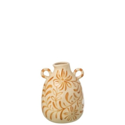 Vase à fleurs en grès ocre jaune et écru 17,5 x 17,5 x 24 cm