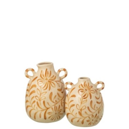 Vase à fleurs en grès ocre jaune et écru 17,5 x 17,5 x 24 cm