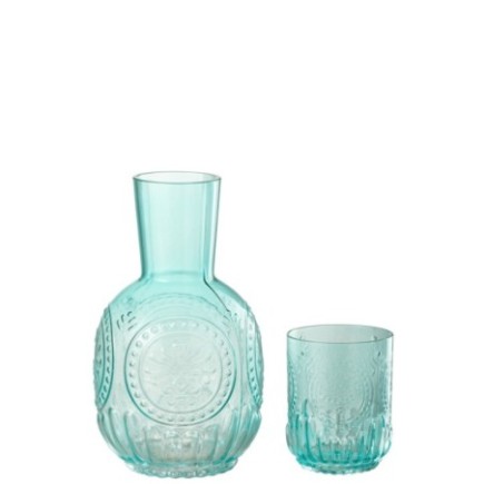 Caraffa e bicchiere in vetro turchese 11x21,5x11 cm