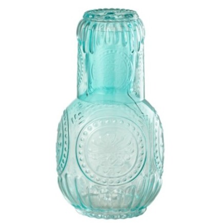 Caraffa e bicchiere in vetro turchese 11x21,5x11 cm