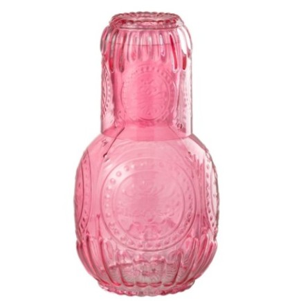 Jarra y vaso de cristal fucsia, 11 x 11 x 21,5 cm