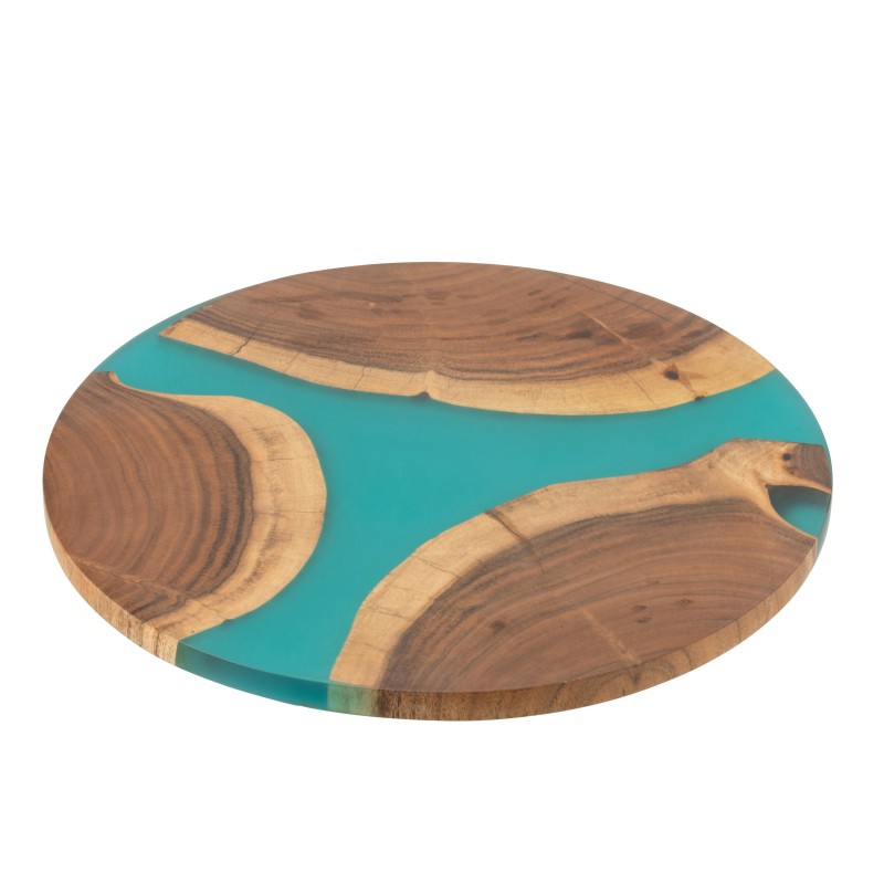 Planche à découper ronde en acacia et résine bleu 41x2cm