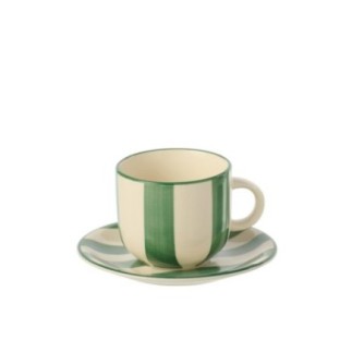 Tazza da caffè con piattino in gres verde e bianco, 15x8 cm