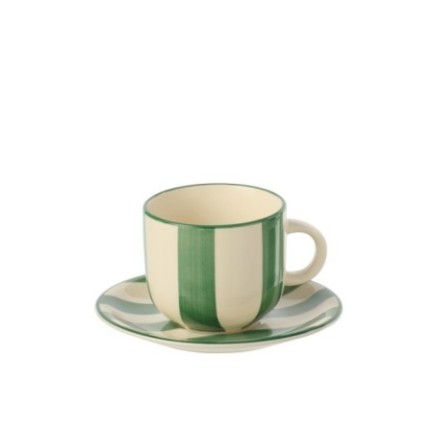 Chávena de café e pires em grés verde e branco, 15 x 8 cm