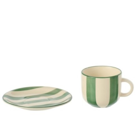 Chávena de café e pires em grés verde e branco, 15 x 8 cm