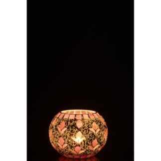 Porte-bougie en verre écru et fuchsia 10x10x8,5 cm