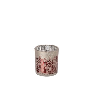 Portavelas de cristal rojo y gris, 7,3 x 7,3 x 8 cm