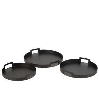 Conjunto de 3 tabuleiros redondos em metal preto 45x45x6,5 cm