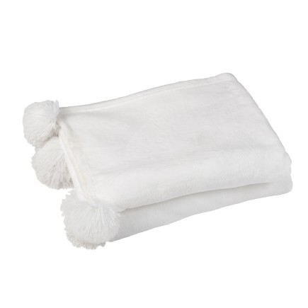 Plaid avec pompons en polyester blanc 170x130cm
