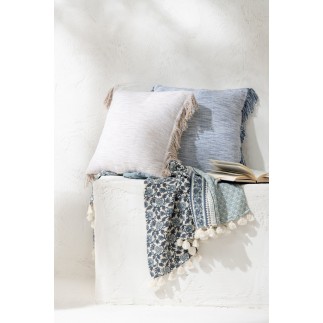 Coussin tissage semi-uni avec franges en coton bleu 45x45x12 cm