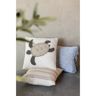 Coussin tissage semi-uni avec franges en coton bleu 45x45x12 cm