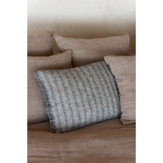 Coussin tissage semi-uni avec franges en coton bleu 45x45x12 cm