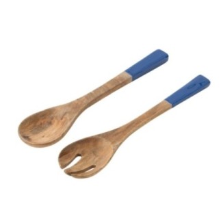 Cubiertos para ensalada de madera de mango azul y natural, 33 x 7 x 2 cm