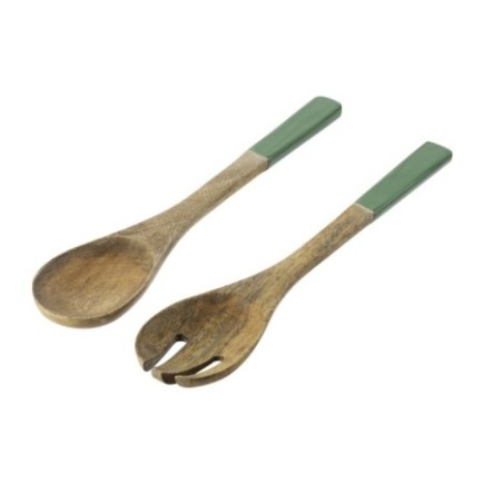 Couvert à salade en bois manguier vert et naturel 33x7x2 cm