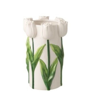 Jarrón de cerámica en forma de tulipán, blanco y verde, 21 x 36,5 cm