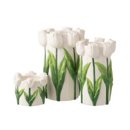 Jarrón de cerámica en forma de tulipán, blanco y verde, 21 x 36,5 cm