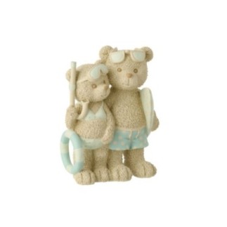 Urso em poliresina bege e azul claro, 11x17x28 cm