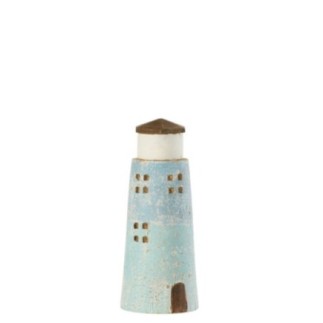 Phare en bois de paulownia naturel et bleu clair 8x8x19 cm