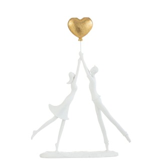 Coppia con cuore dorato in resina bianca 27x6,5x37 cm