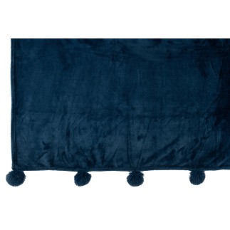 Plaid pompons en polyester bleu 173x126cm